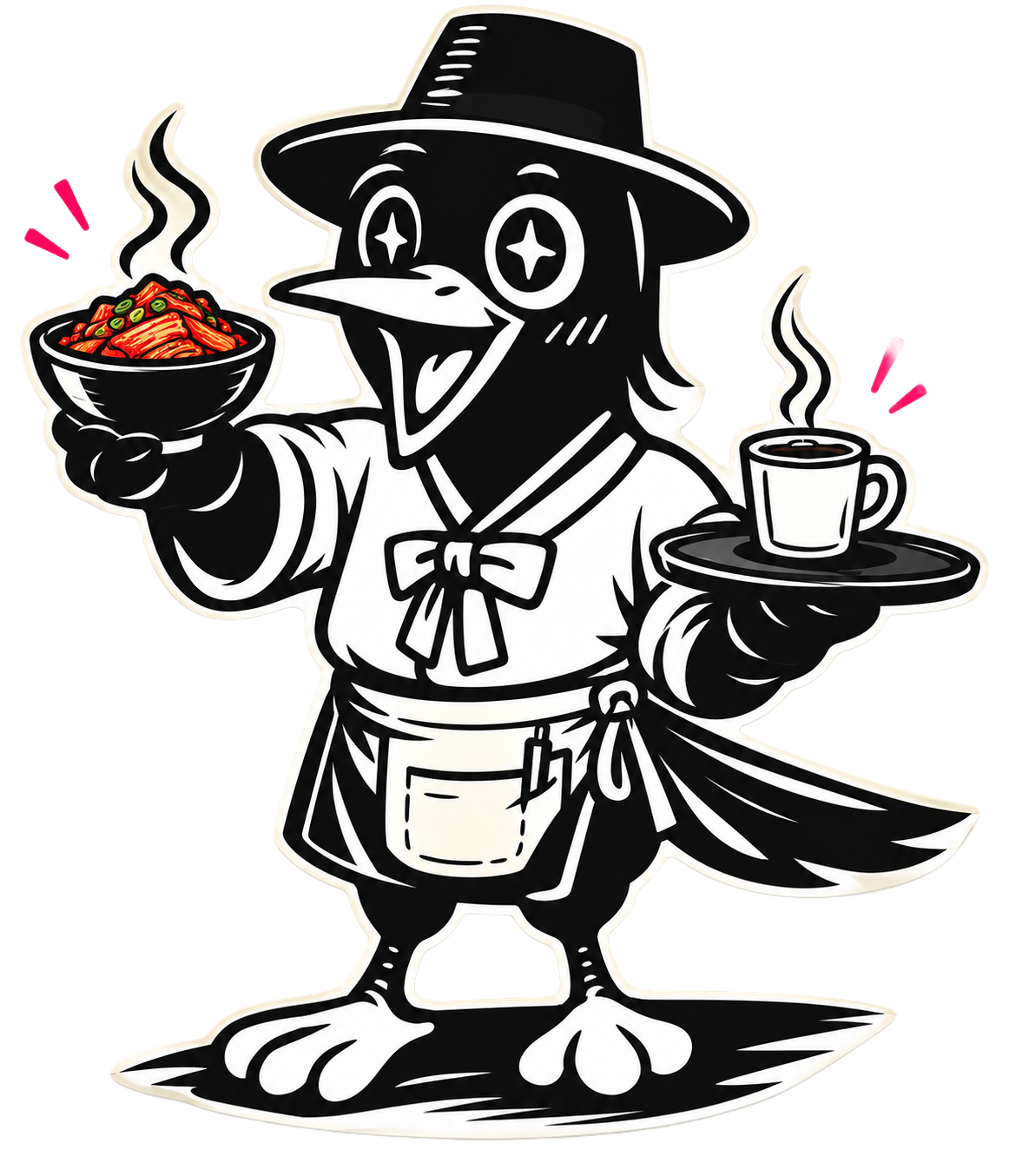 까치 in a gat and apron, serving a steaming bowl of kimchi and carrying coffee on a tray