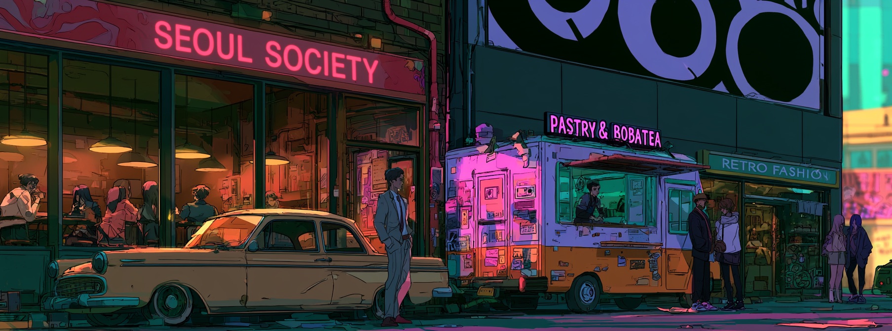 The block at night: Seoul Society, pastry truck, retro fashion